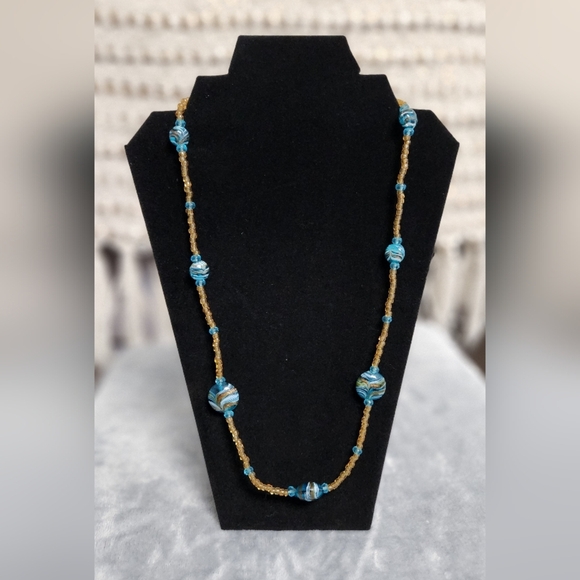 Jewelry - Blue and Gold Glass Beaded Necklace